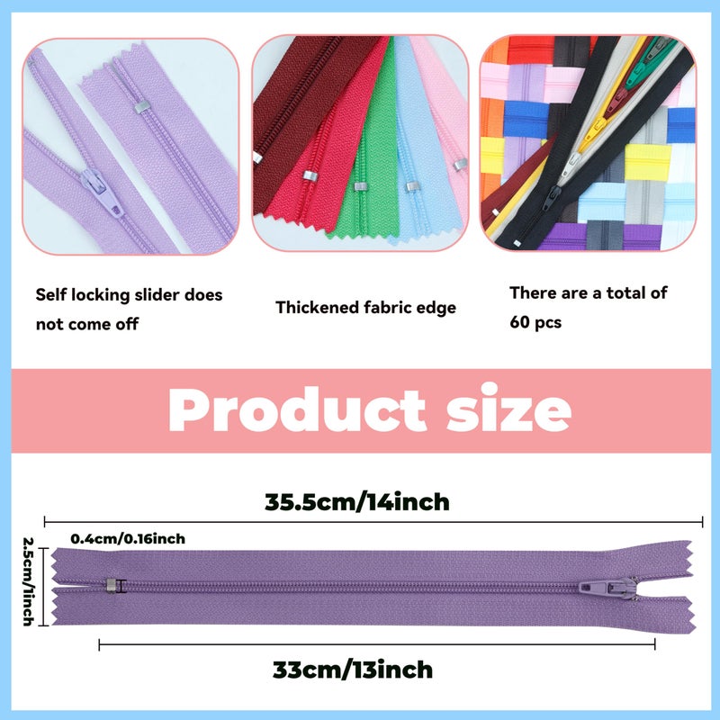 YAKA 60 Pack of 13 Inches Mix Nylon Coil Zippers Bulk - Supplies Zippers for Tailor Sewing Crafts (20 Color) - Image 2